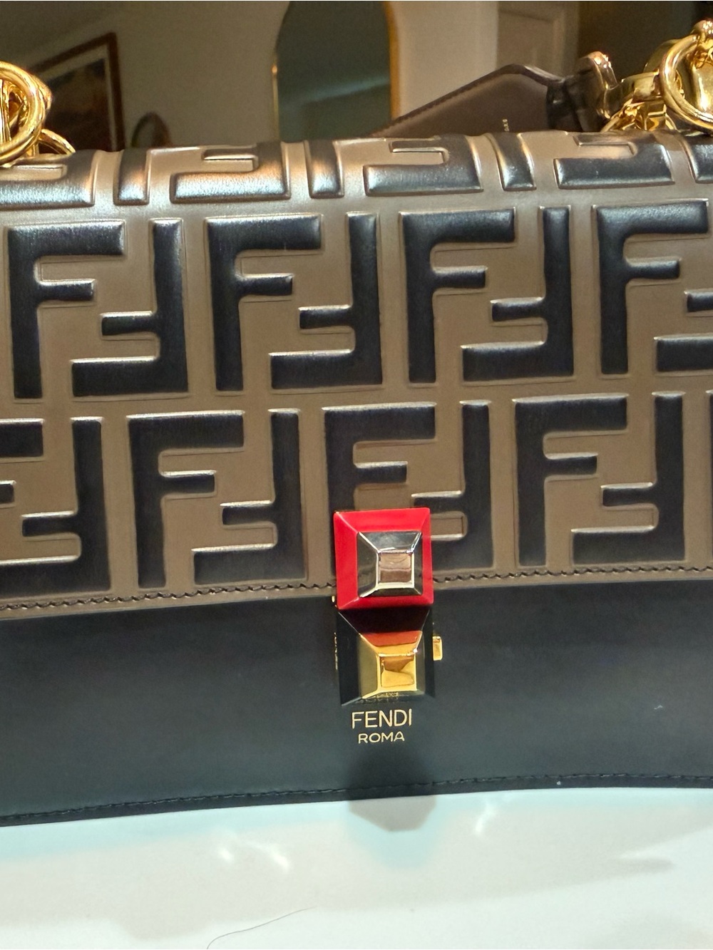 Fendi Black Embossed FF Leather Shoulder Bag with Red Accent